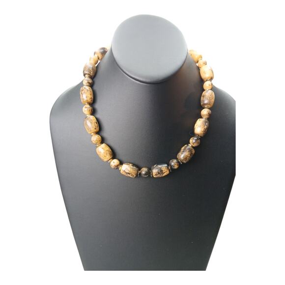 Genuine Lucite Chunky Beaded Necklace Brown & Tan Marbled Mid-Century Retro - Picture 1 of 4